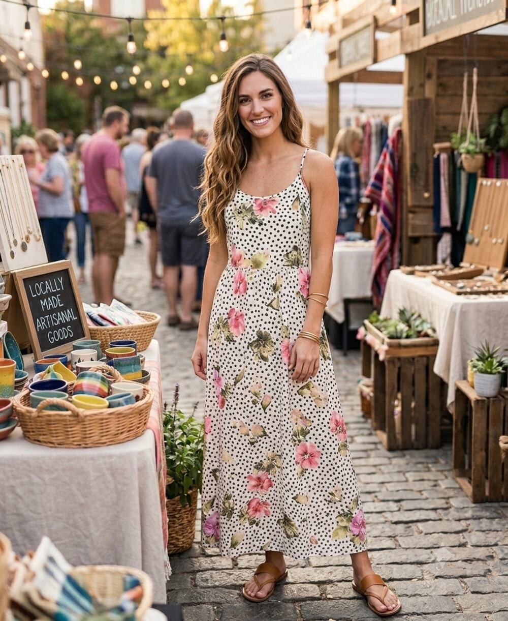 Stillwater Floral Polka Dot Open Back Maxi Dress M NWT Side Slit Pockets Boho
